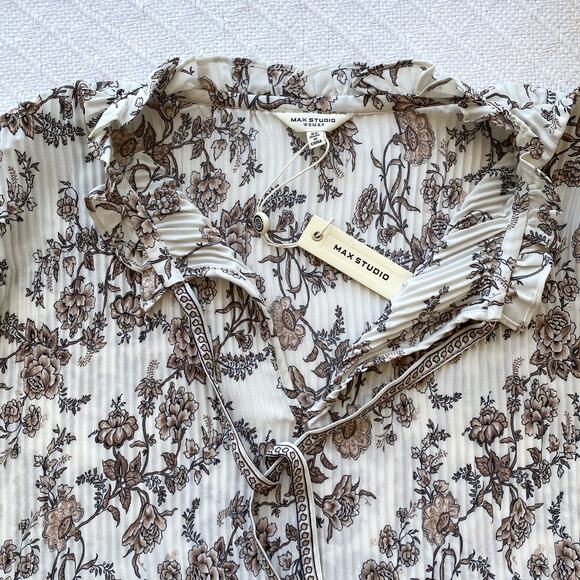 Max Studio Floral Pleated Peasant Blouse Boho Chic Balloon Sleeve Brown White 3X - Picture 7 of 10